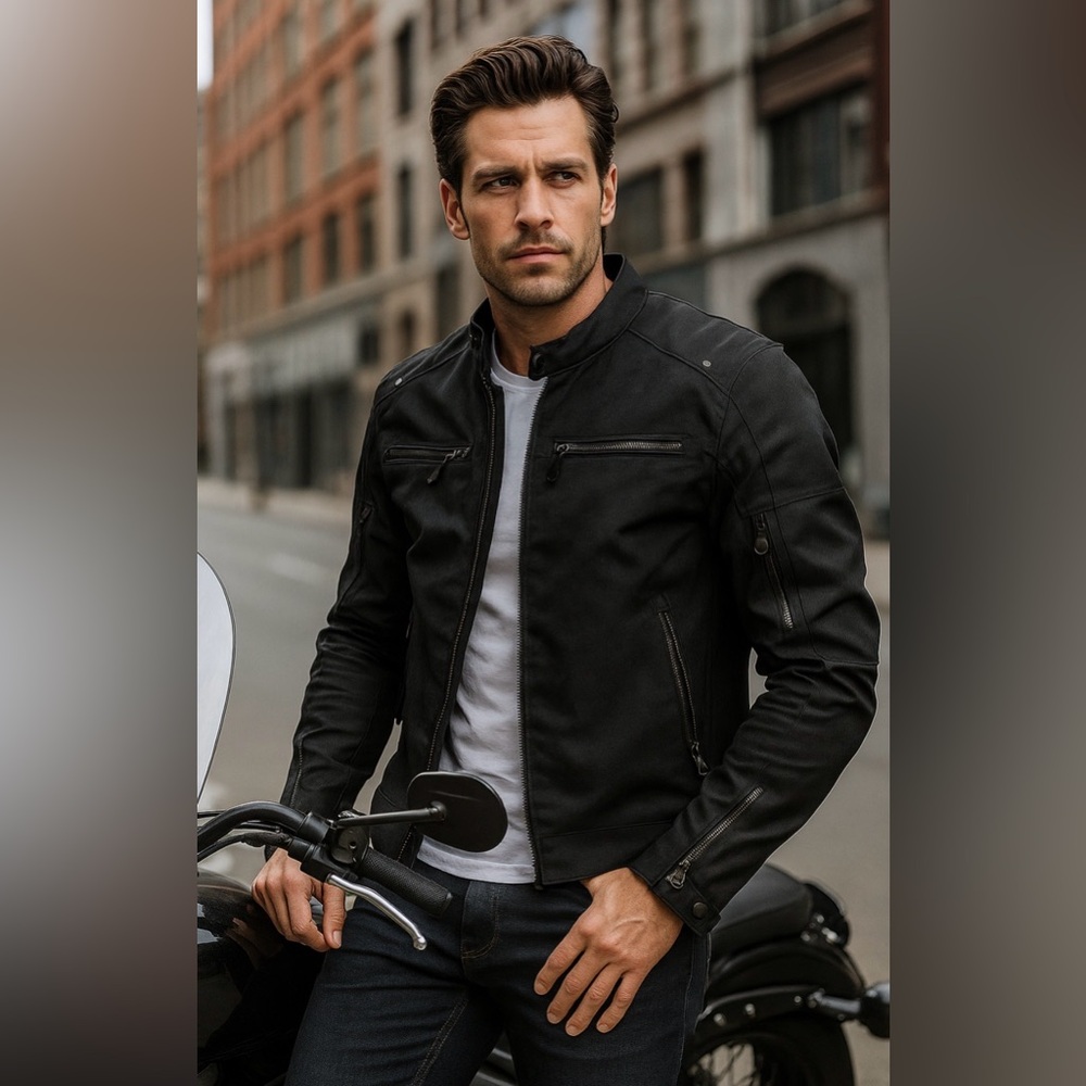Men's Classic Black Motorcycle Jacket Built in Armor removable liner